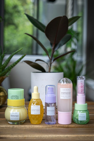 Korean hanbang skincare products flat lay with herbal ingredients