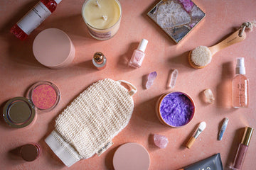 Korean skincare products flat lay with serums and essences